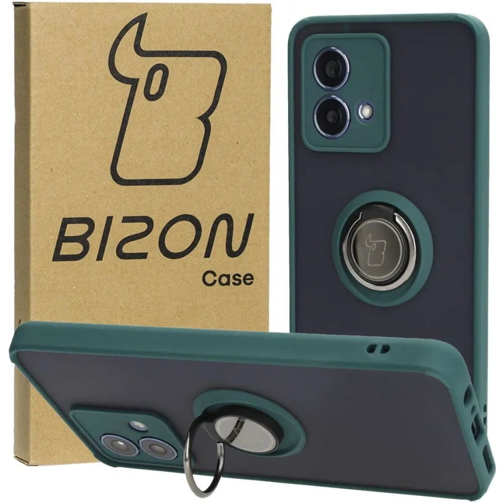 Etui z uchwytem na palec Bizon Case Hybrid Ring do Motorola Moto G84 5G przydymione z ciemnozieloną ramką
