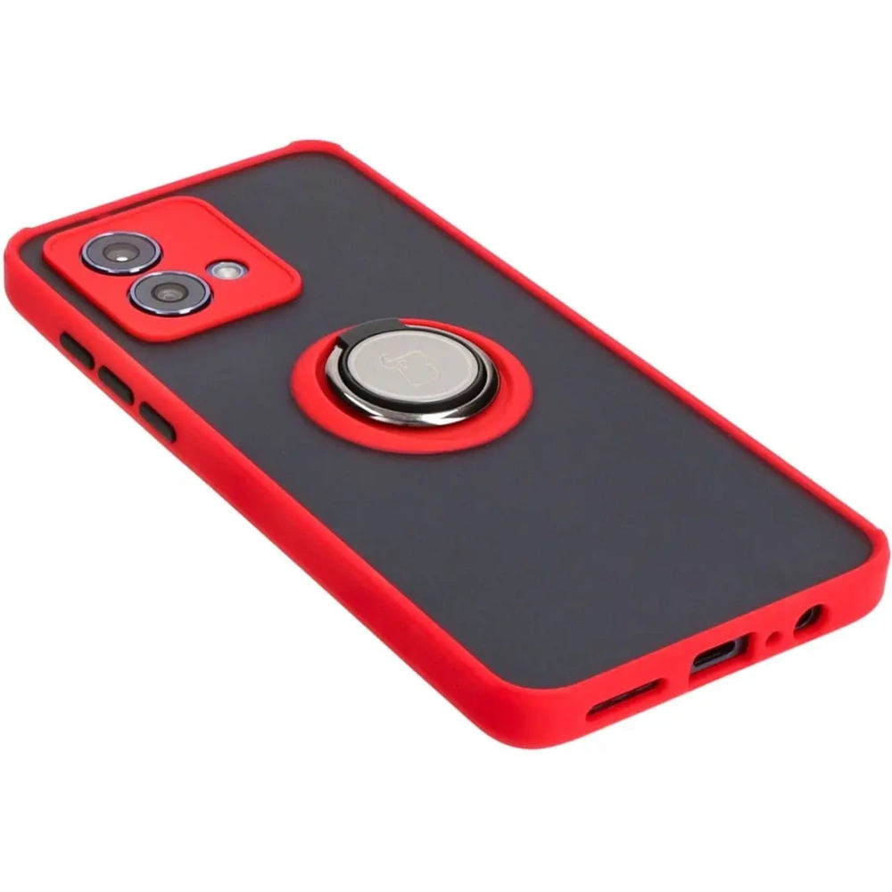 Etui z uchwytem na palec Bizon Case Hybrid Ring do Motorola Moto G84 5G przydymione z czerwoną ramką