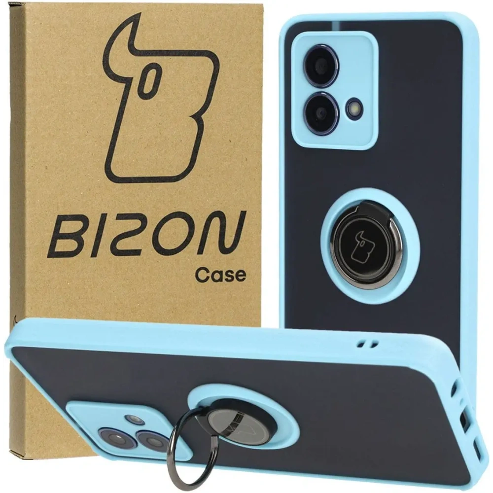 Etui z uchwytem na palec Bizon Case Hybrid Ring do Motorola Moto G84 5G przydymione z jasnoniebieską ramką