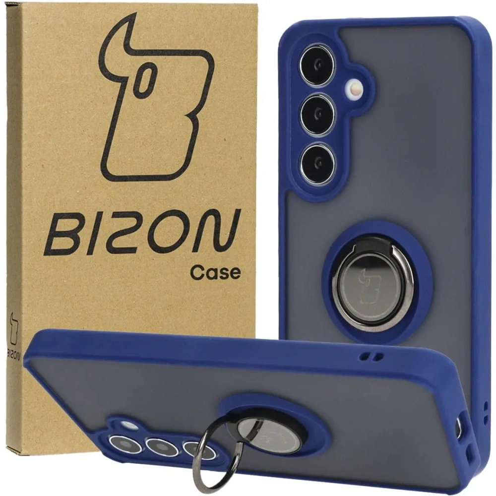 Etui z uchwytem na palec Bizon Case Hybrid Ring do Samsung Galaxy S24 przydymione z granatową ramką