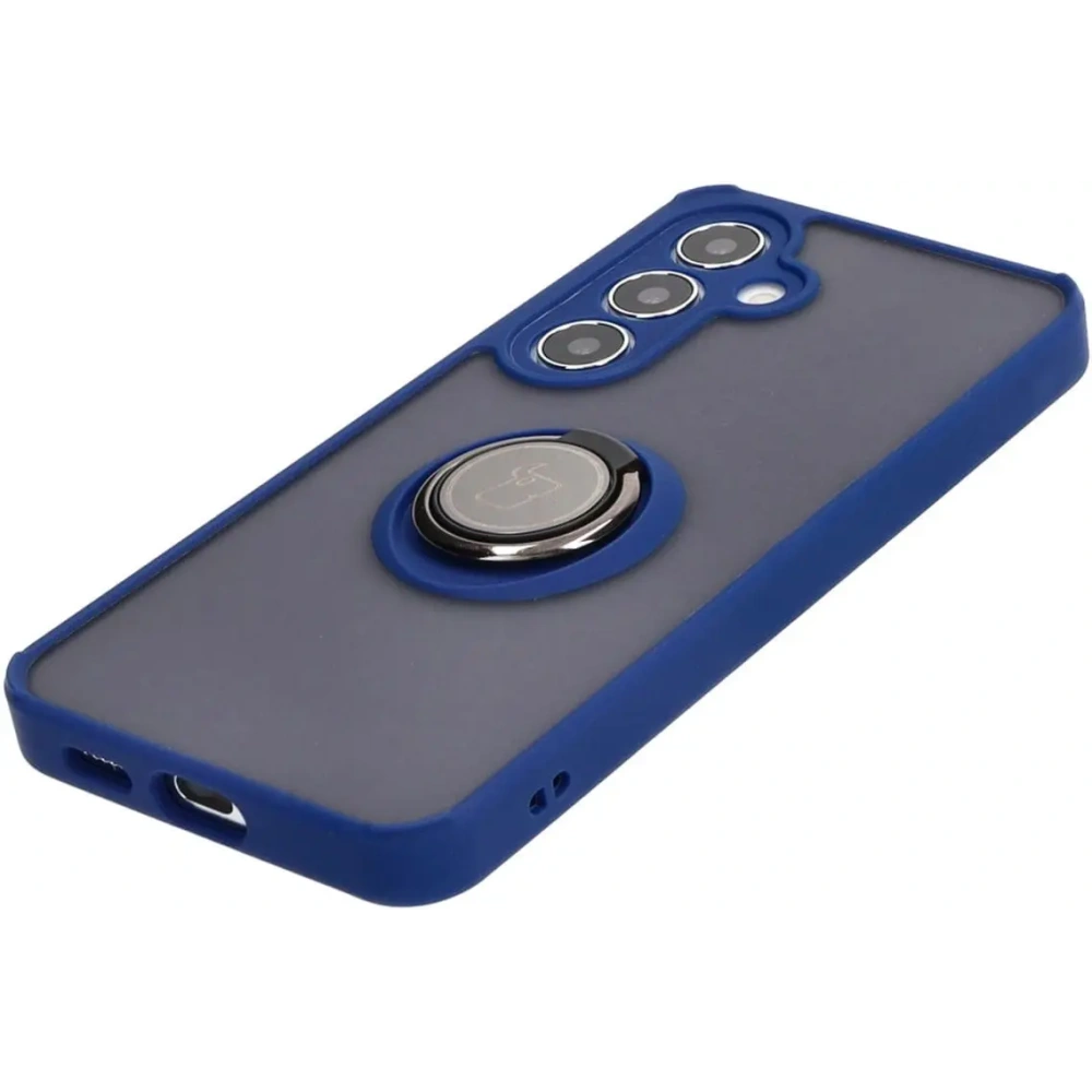 Etui z uchwytem na palec Bizon Case Hybrid Ring do Samsung Galaxy S24 przydymione z granatową ramką