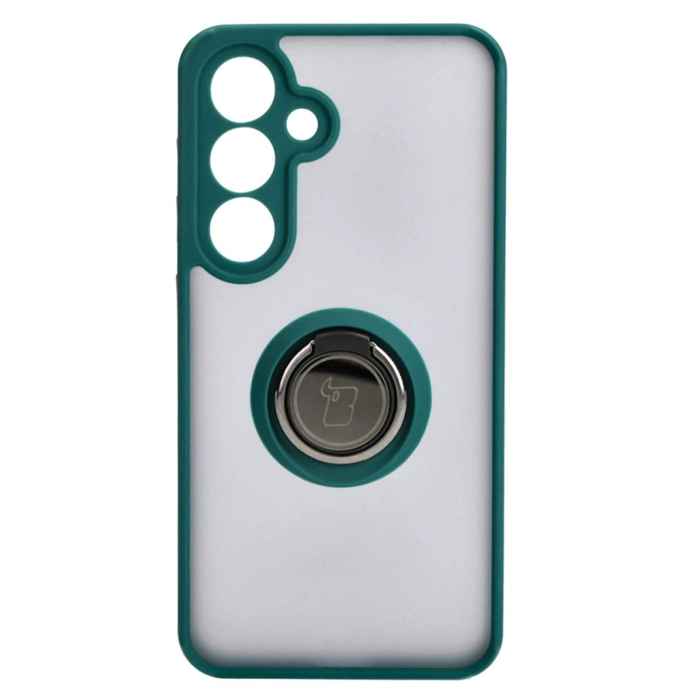Etui z uchwytem na palec Bizon Case Hybrid Ring do Samsung Galaxy S24 przydymione z ciemnozieloną ramką