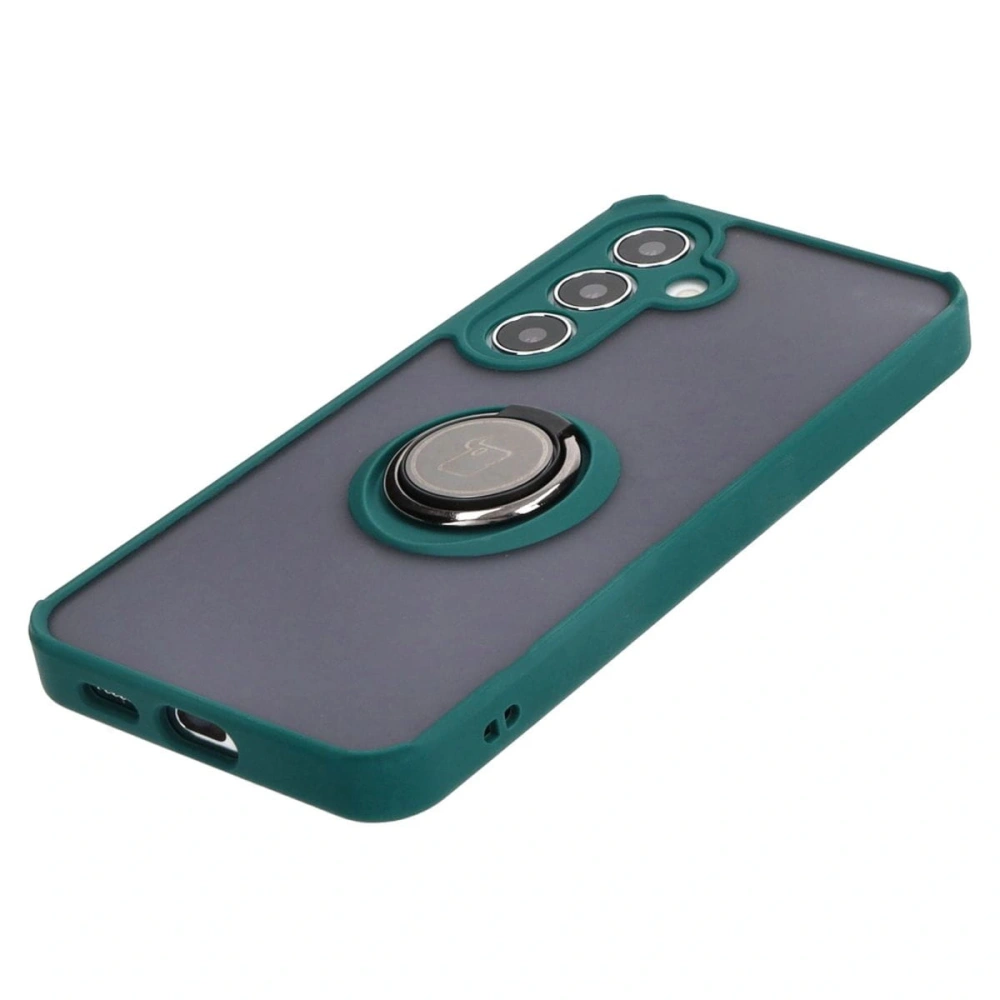 Etui z uchwytem na palec Bizon Case Hybrid Ring do Samsung Galaxy S24 przydymione z ciemnozieloną ramką