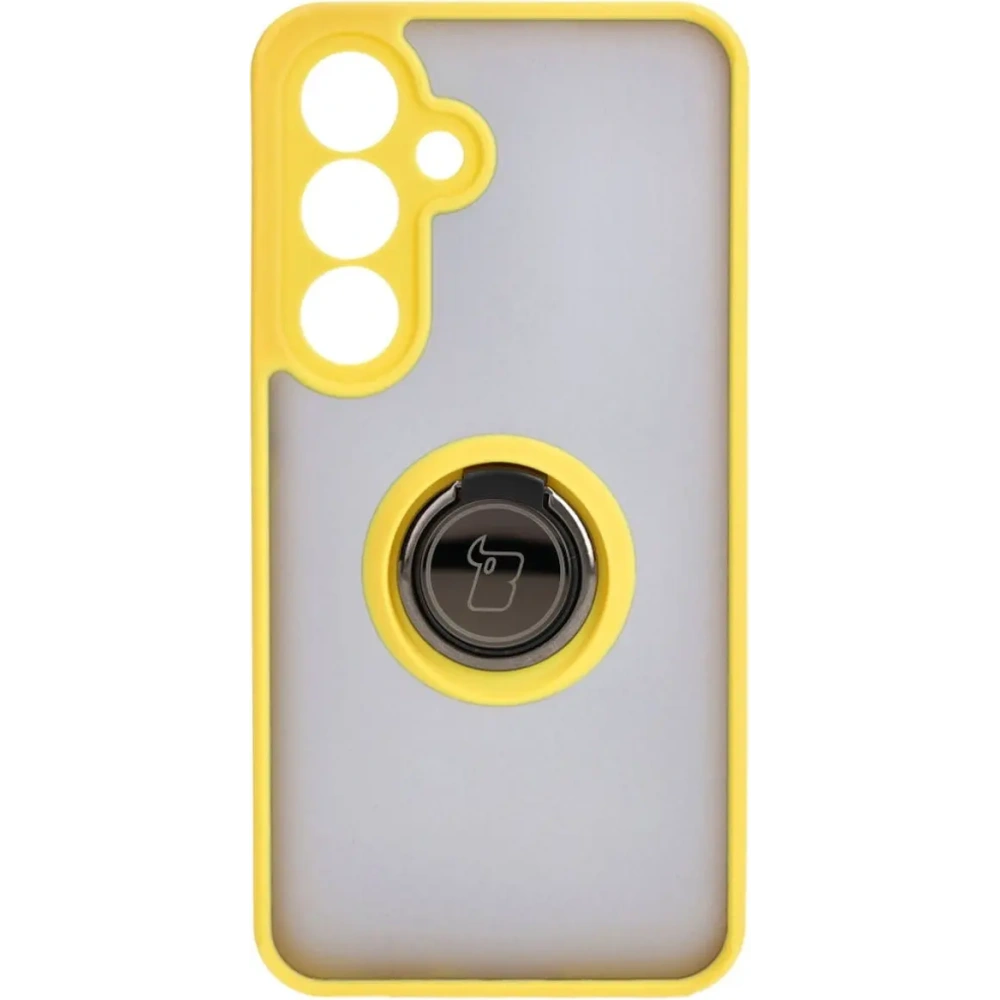Etui z uchwytem na palec Bizon Case Hybrid Ring do Samsung Galaxy S24 przydymione z żółtą ramką