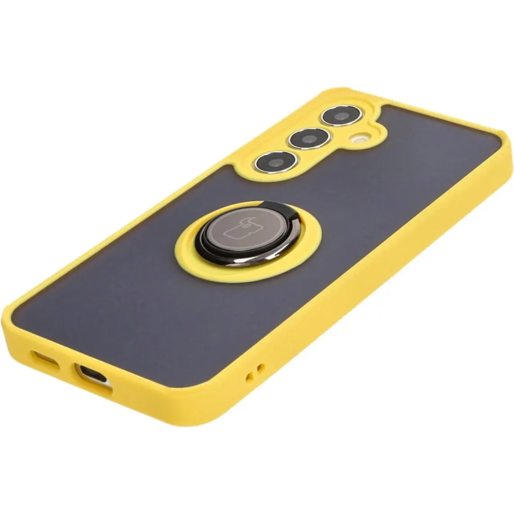 Etui z uchwytem na palec Bizon Case Hybrid Ring do Samsung Galaxy S24 przydymione z żółtą ramką