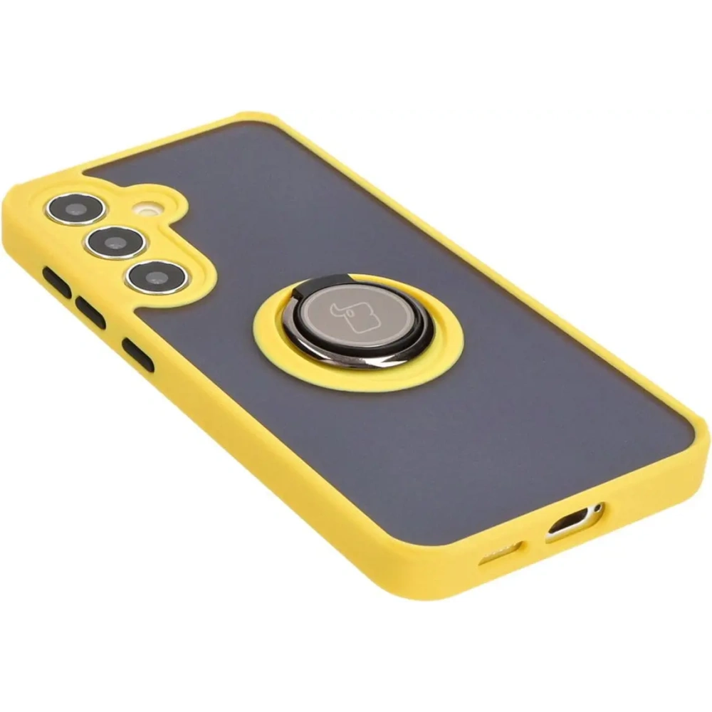 Etui z uchwytem na palec Bizon Case Hybrid Ring do Samsung Galaxy S24 przydymione z żółtą ramką