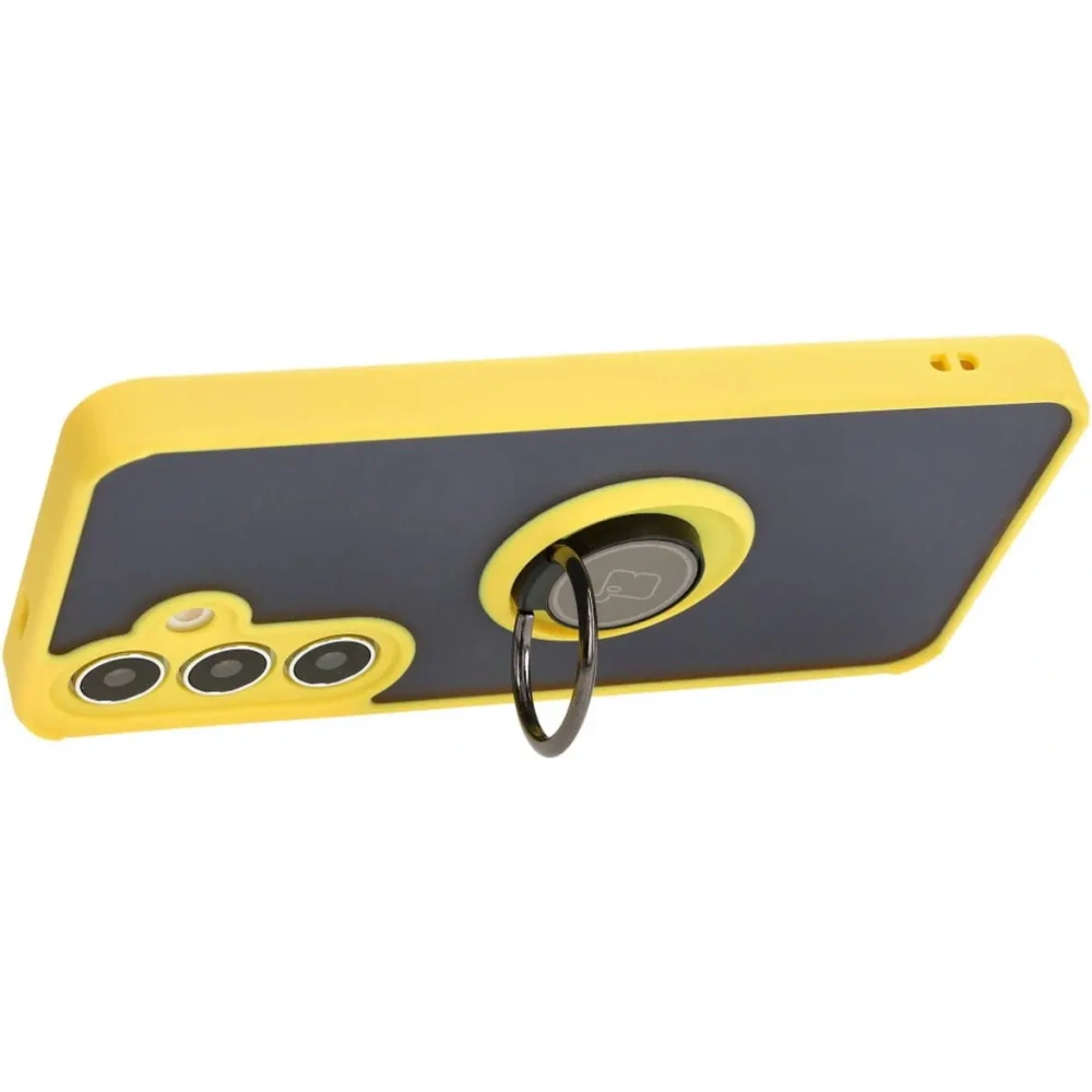 Etui z uchwytem na palec Bizon Case Hybrid Ring do Samsung Galaxy S24 przydymione z żółtą ramką