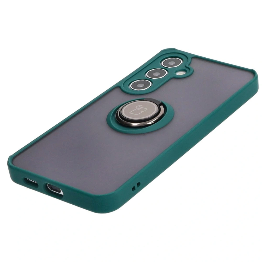 Etui z uchwytem na palec Bizon Case Hybrid Ring do Samsung Galaxy S24 Plus przydymione z ciemnozieloną ramką