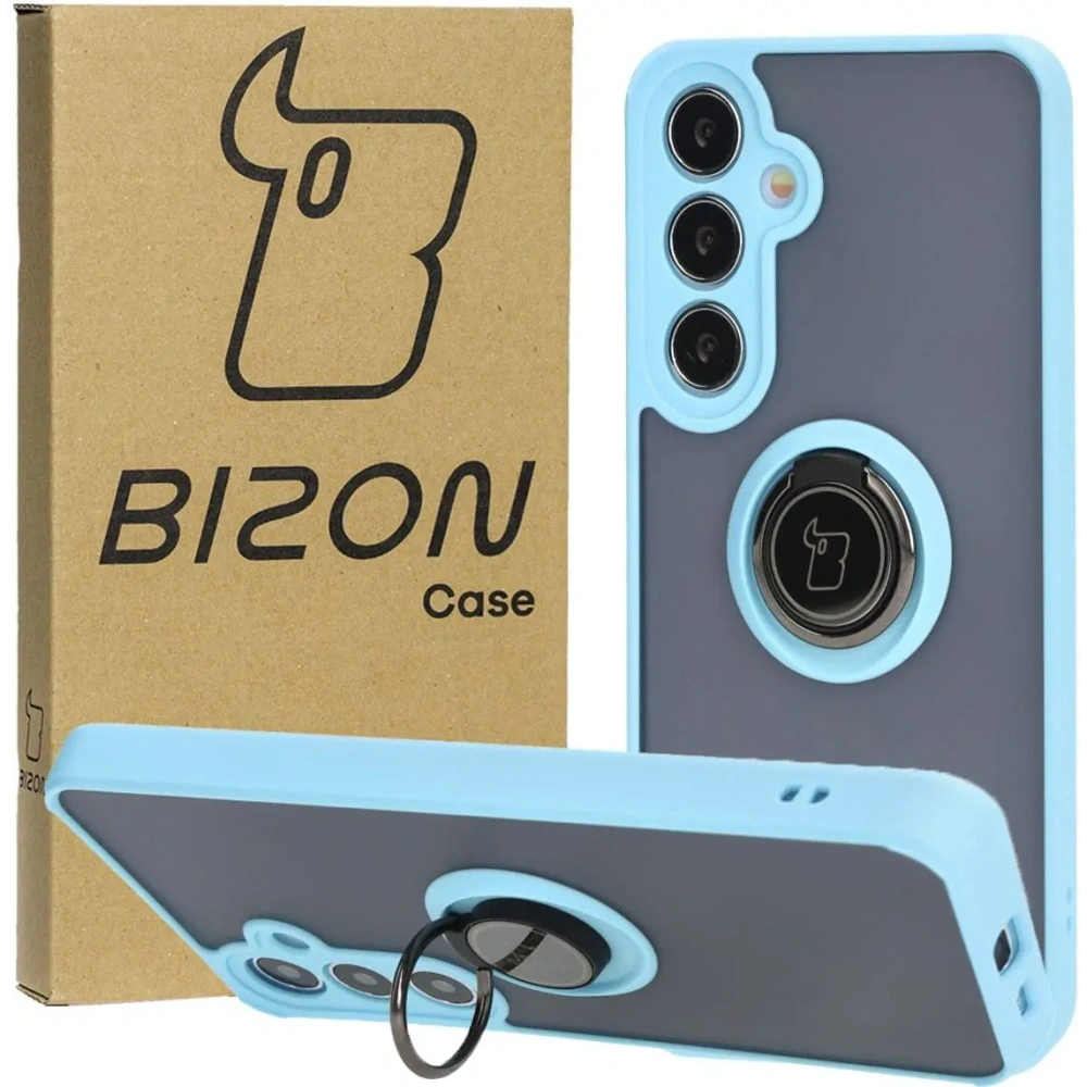 Etui z uchwytem na palec Bizon Case Hybrid Ring do Samsung Galaxy S24 Plus przydymione z jasnoniebieską ramką