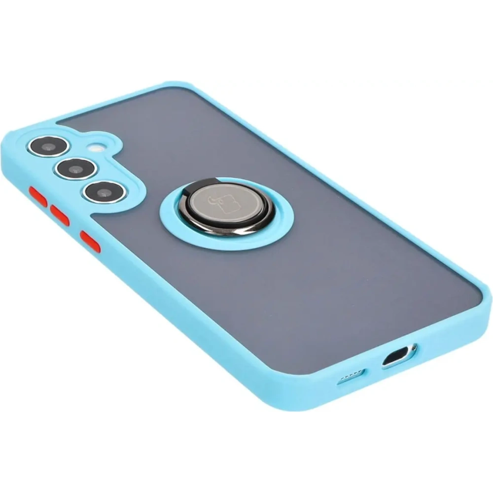 Etui z uchwytem na palec Bizon Case Hybrid Ring do Samsung Galaxy S24 Plus przydymione z jasnoniebieską ramką