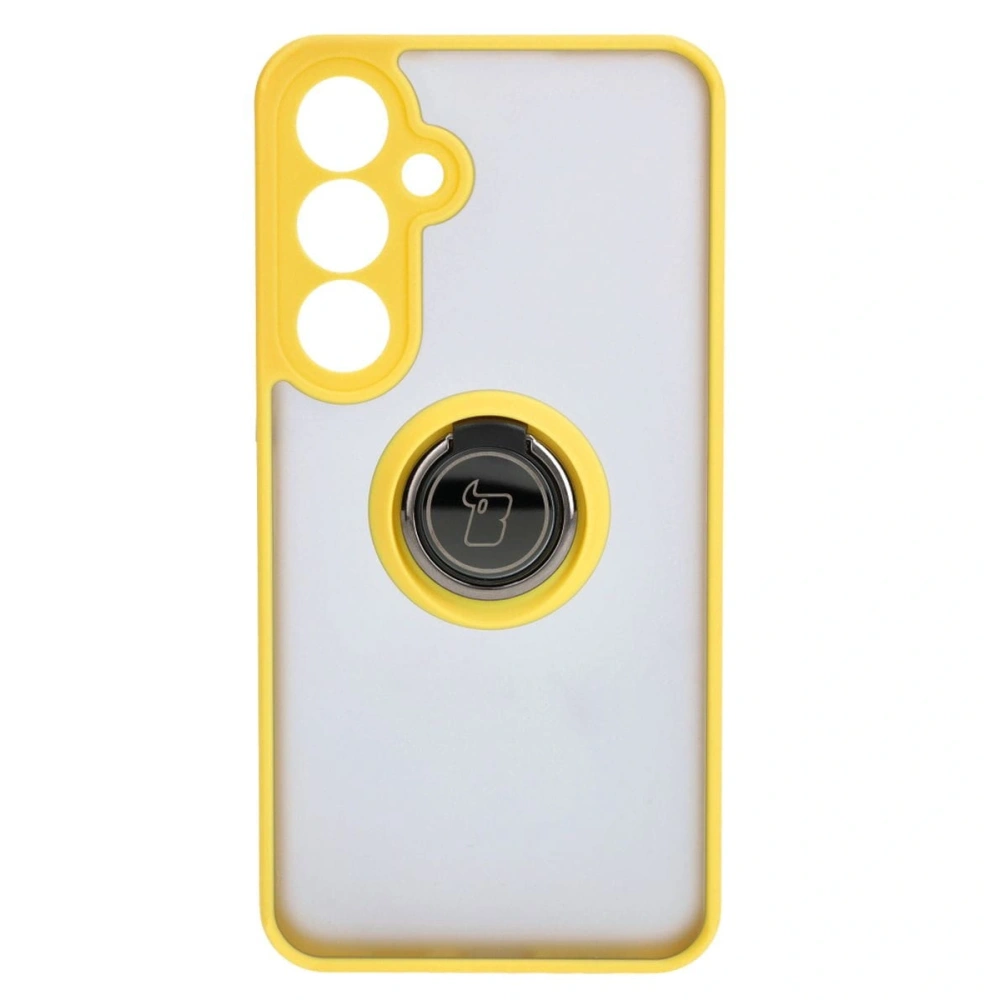 Etui z uchwytem na palec Bizon Case Hybrid Ring do Samsung Galaxy S24 Plus przydymione z żółtą ramką
