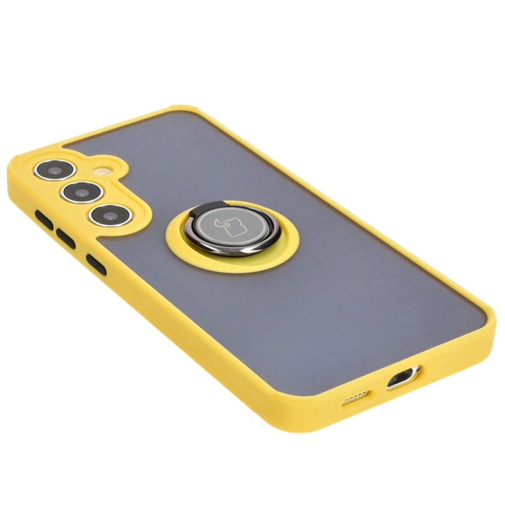 Etui z uchwytem na palec Bizon Case Hybrid Ring do Samsung Galaxy S24 Plus przydymione z żółtą ramką