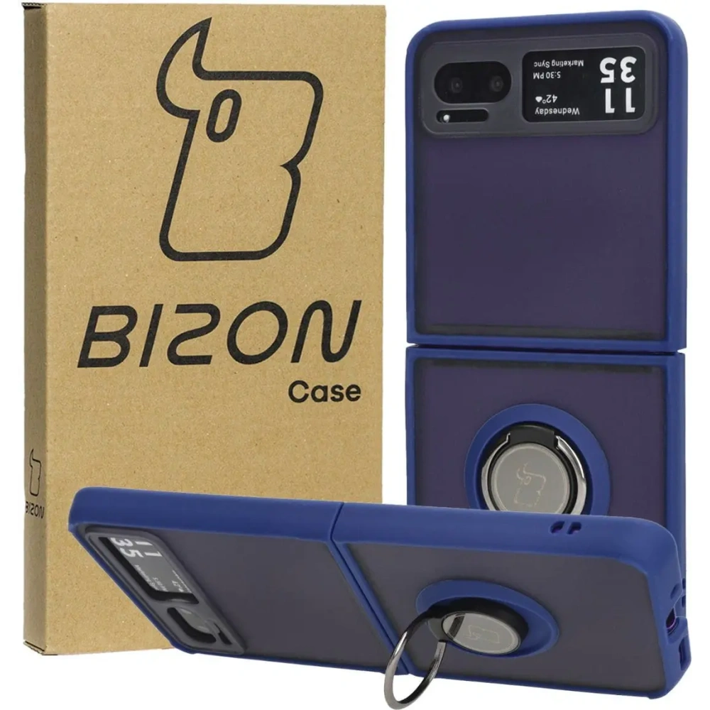 Etui z uchwytem na palec Bizon Case Hybrid Ring do Motorola Razr 40 przydymione z granatową ramką