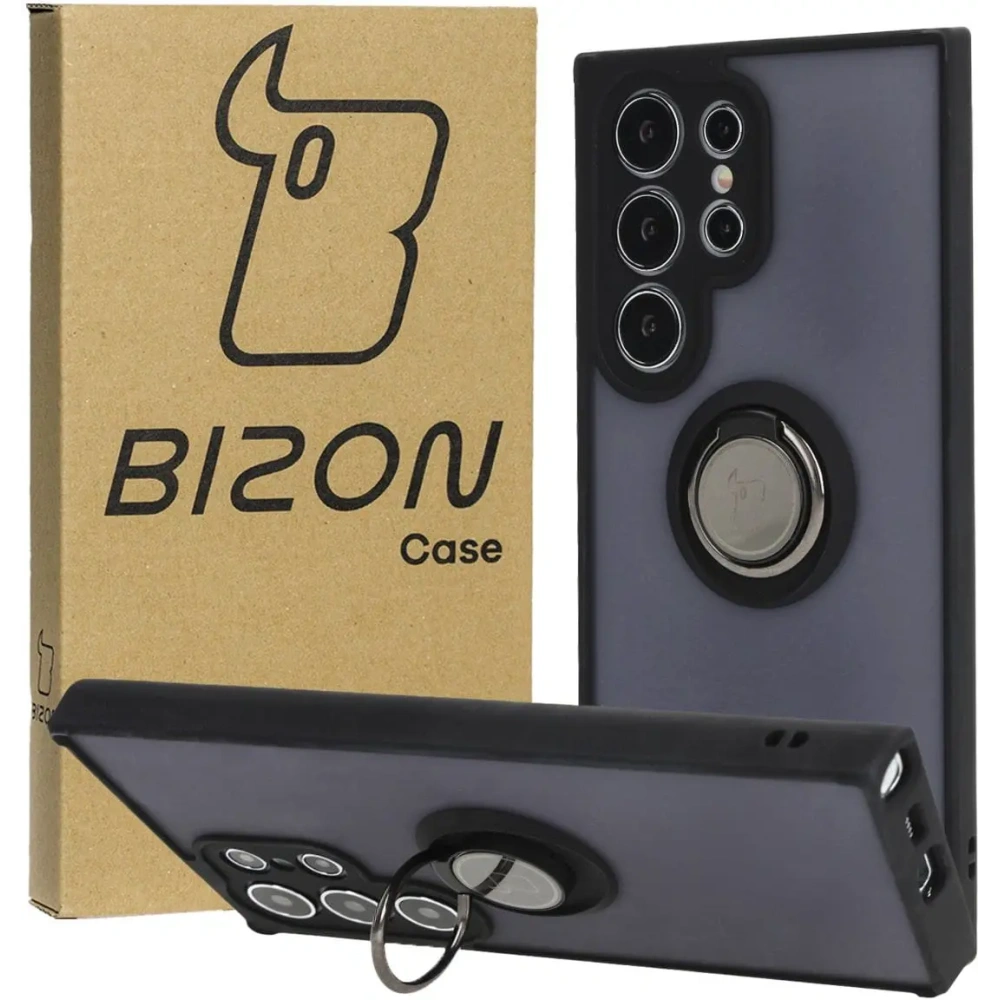 Etui z uchwytem na palec Bizon Case Hybrid Ring do Samsung Galaxy S24 Ultra przydymione z czarną ramką