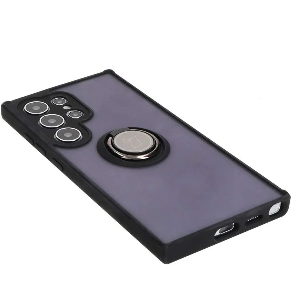 Etui z uchwytem na palec Bizon Case Hybrid Ring do Samsung Galaxy S24 Ultra przydymione z czarną ramką