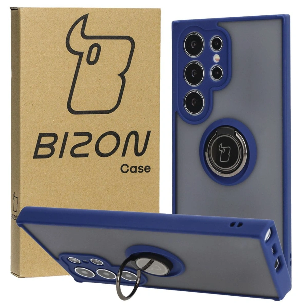 Etui z uchwytem na palec Bizon Case Hybrid Ring do Samsung Galaxy S24 Ultra przydymione z granatową ramką