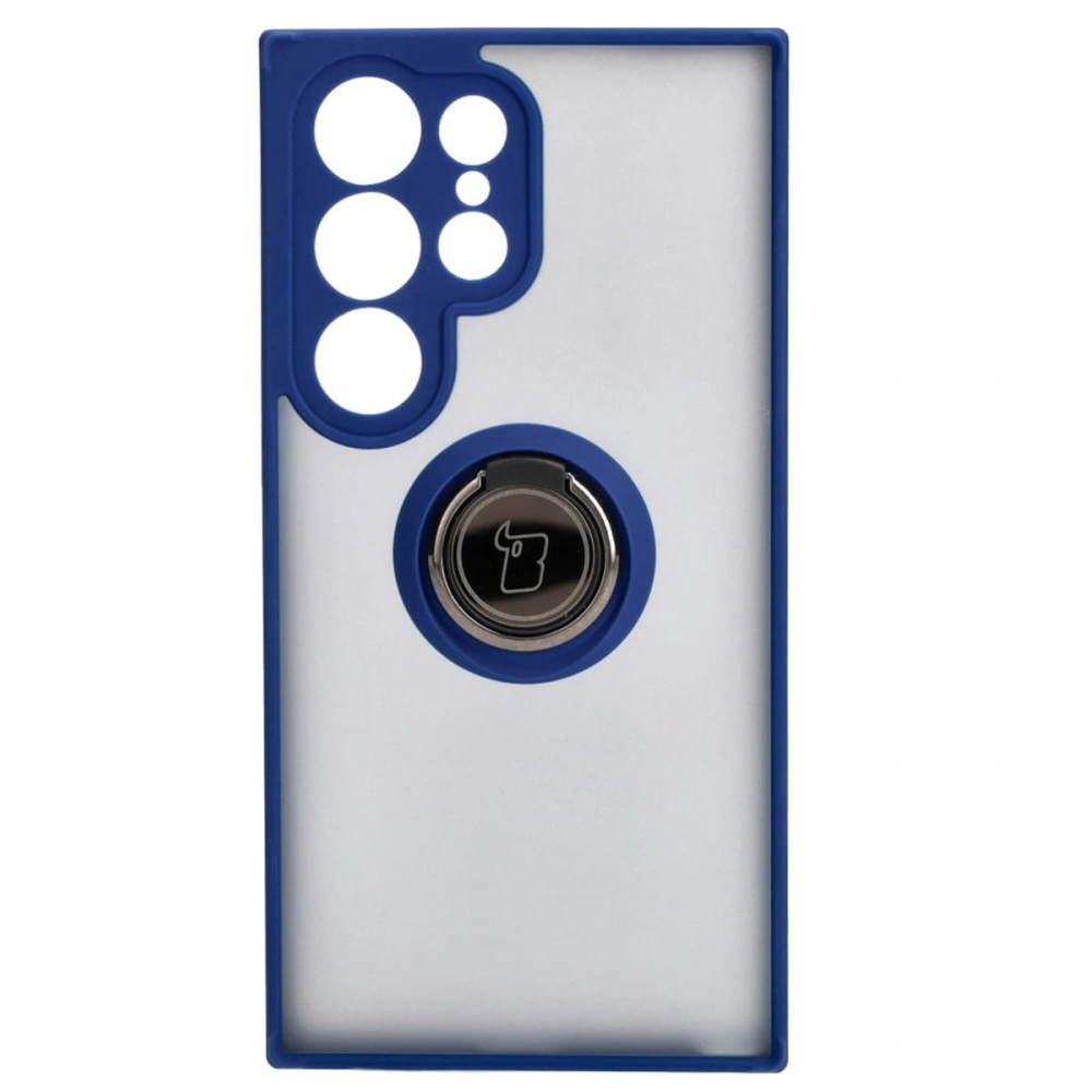 Etui z uchwytem na palec Bizon Case Hybrid Ring do Samsung Galaxy S24 Ultra przydymione z granatową ramką