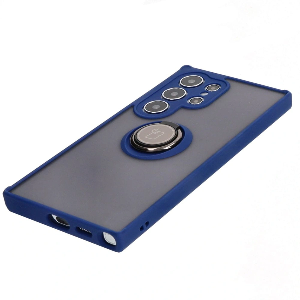 Etui z uchwytem na palec Bizon Case Hybrid Ring do Samsung Galaxy S24 Ultra przydymione z granatową ramką
