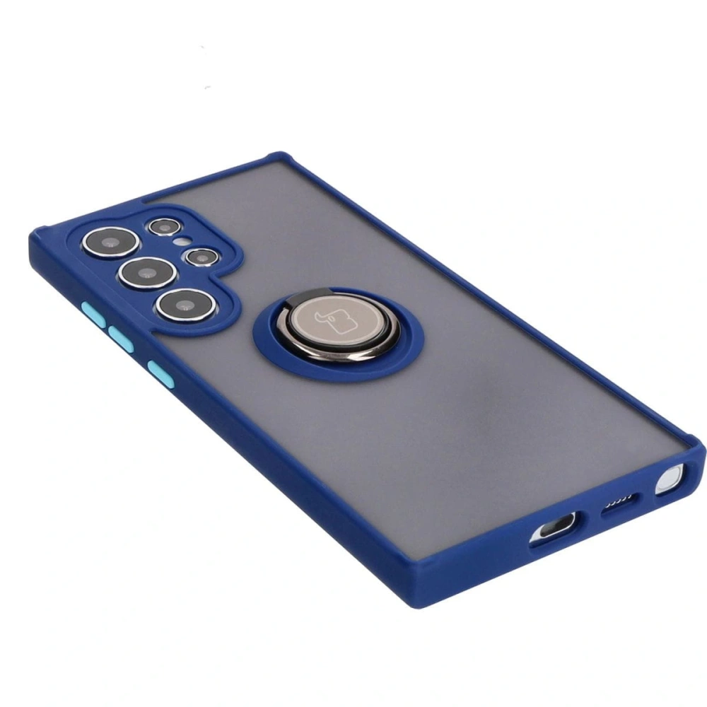 Etui z uchwytem na palec Bizon Case Hybrid Ring do Samsung Galaxy S24 Ultra przydymione z granatową ramką