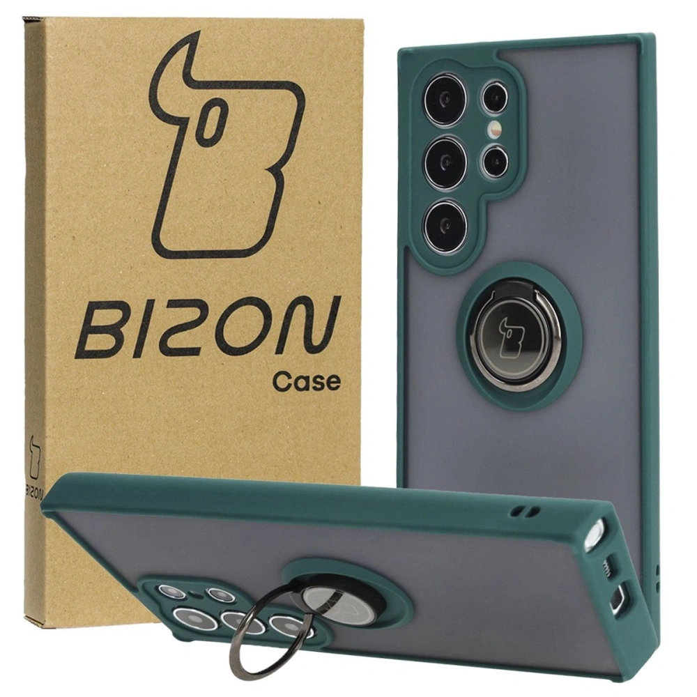 Etui z uchwytem na palec Bizon Case Hybrid Ring do Samsung Galaxy S24 Ultra przydymione z ciemnozieloną ramką
