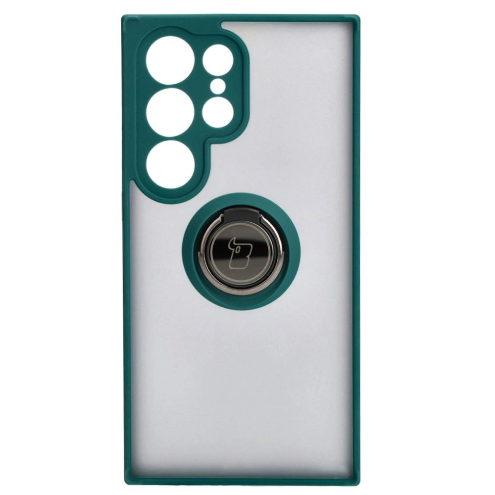 Etui z uchwytem na palec Bizon Case Hybrid Ring do Samsung Galaxy S24 Ultra przydymione z ciemnozieloną ramką
