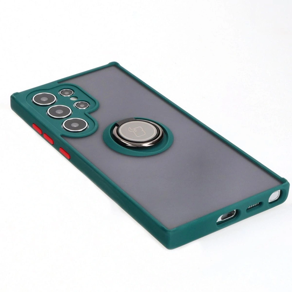 Etui z uchwytem na palec Bizon Case Hybrid Ring do Samsung Galaxy S24 Ultra przydymione z ciemnozieloną ramką
