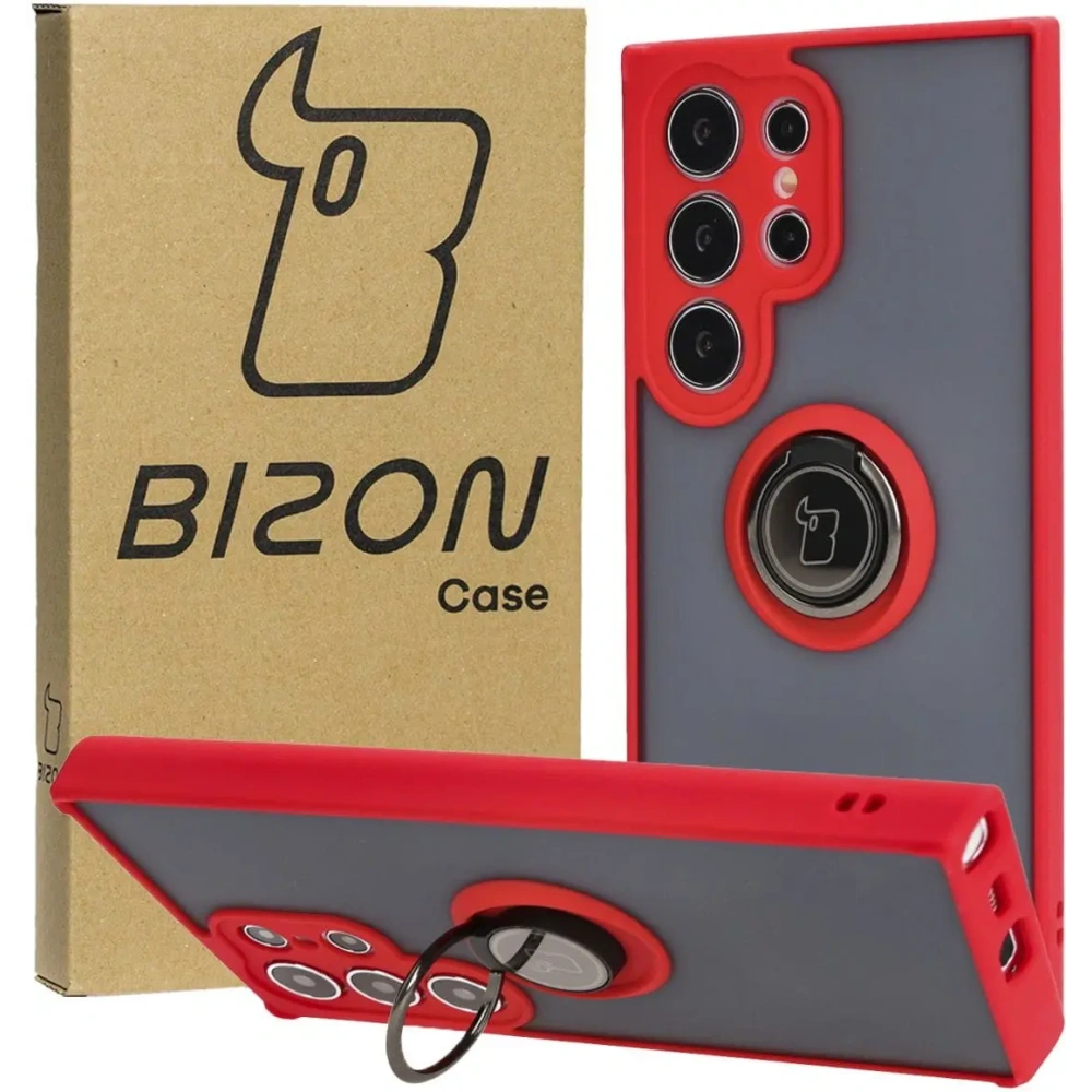 Etui z uchwytem na palec Bizon Case Hybrid Ring do Samsung Galaxy S24 Ultra przydymione z czerwoną ramką
