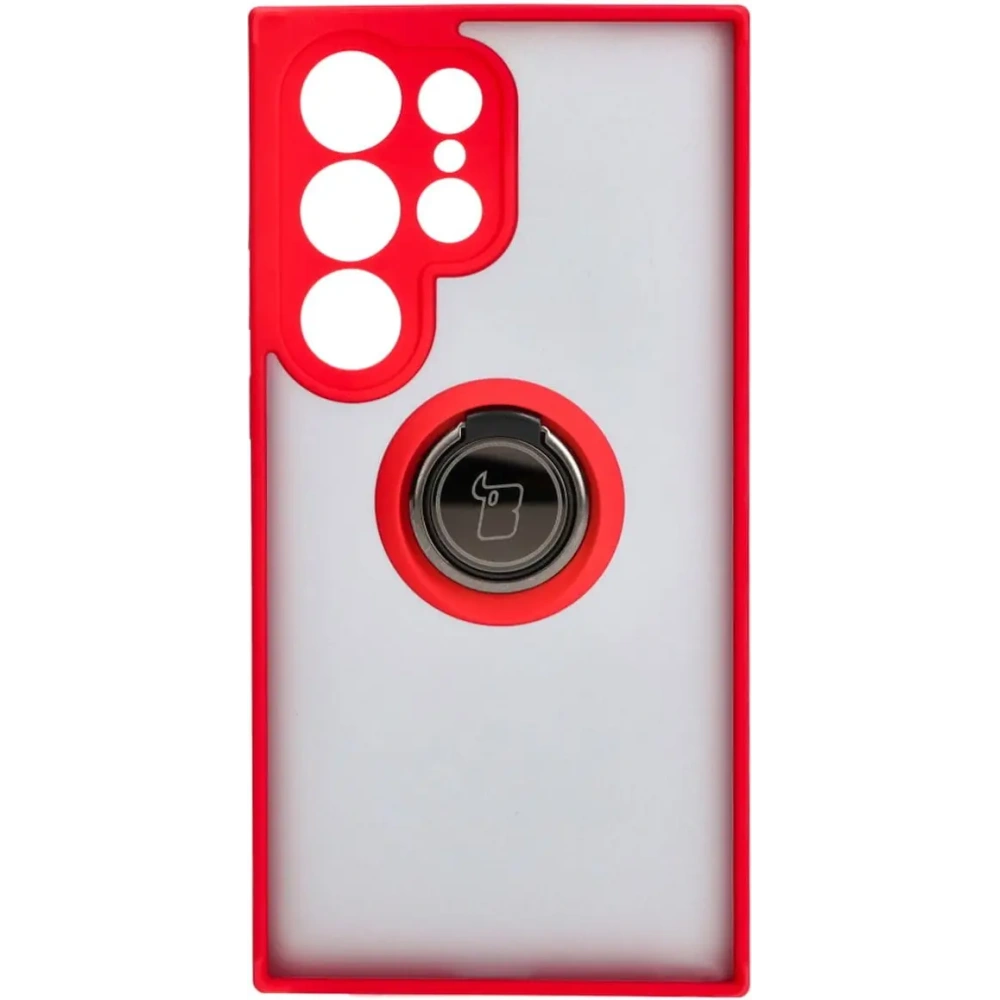 Etui z uchwytem na palec Bizon Case Hybrid Ring do Samsung Galaxy S24 Ultra przydymione z czerwoną ramką
