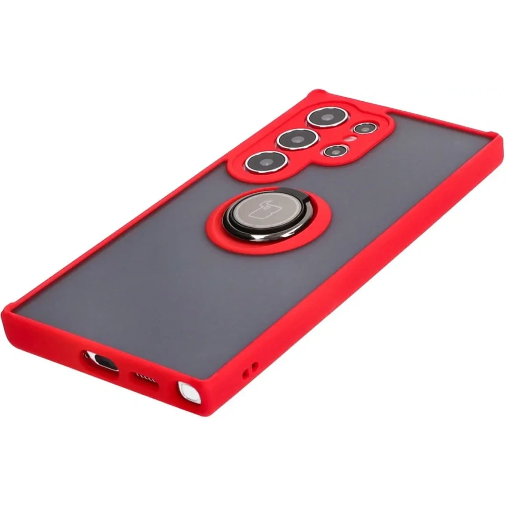 Etui z uchwytem na palec Bizon Case Hybrid Ring do Samsung Galaxy S24 Ultra przydymione z czerwoną ramką