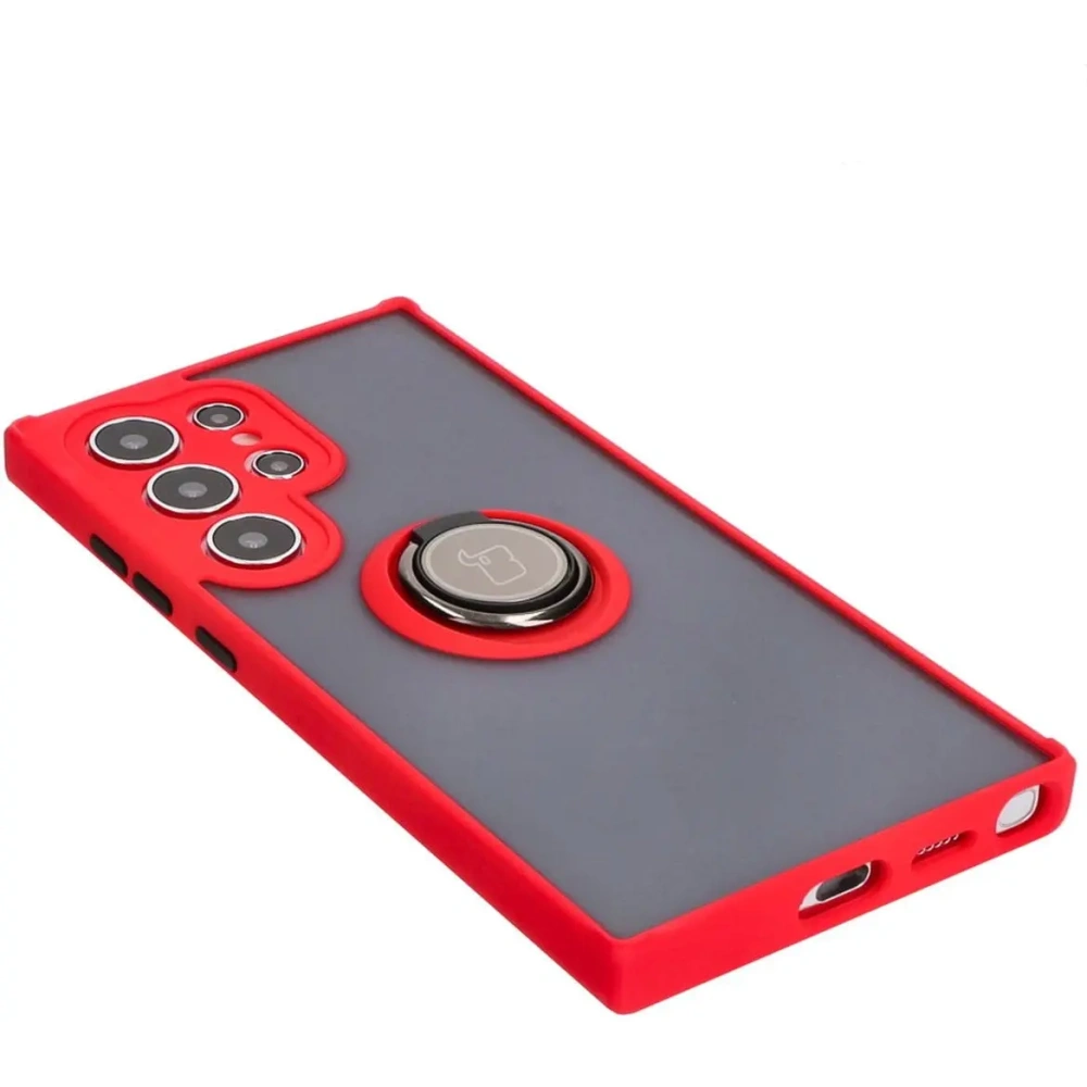 Etui z uchwytem na palec Bizon Case Hybrid Ring do Samsung Galaxy S24 Ultra przydymione z czerwoną ramką