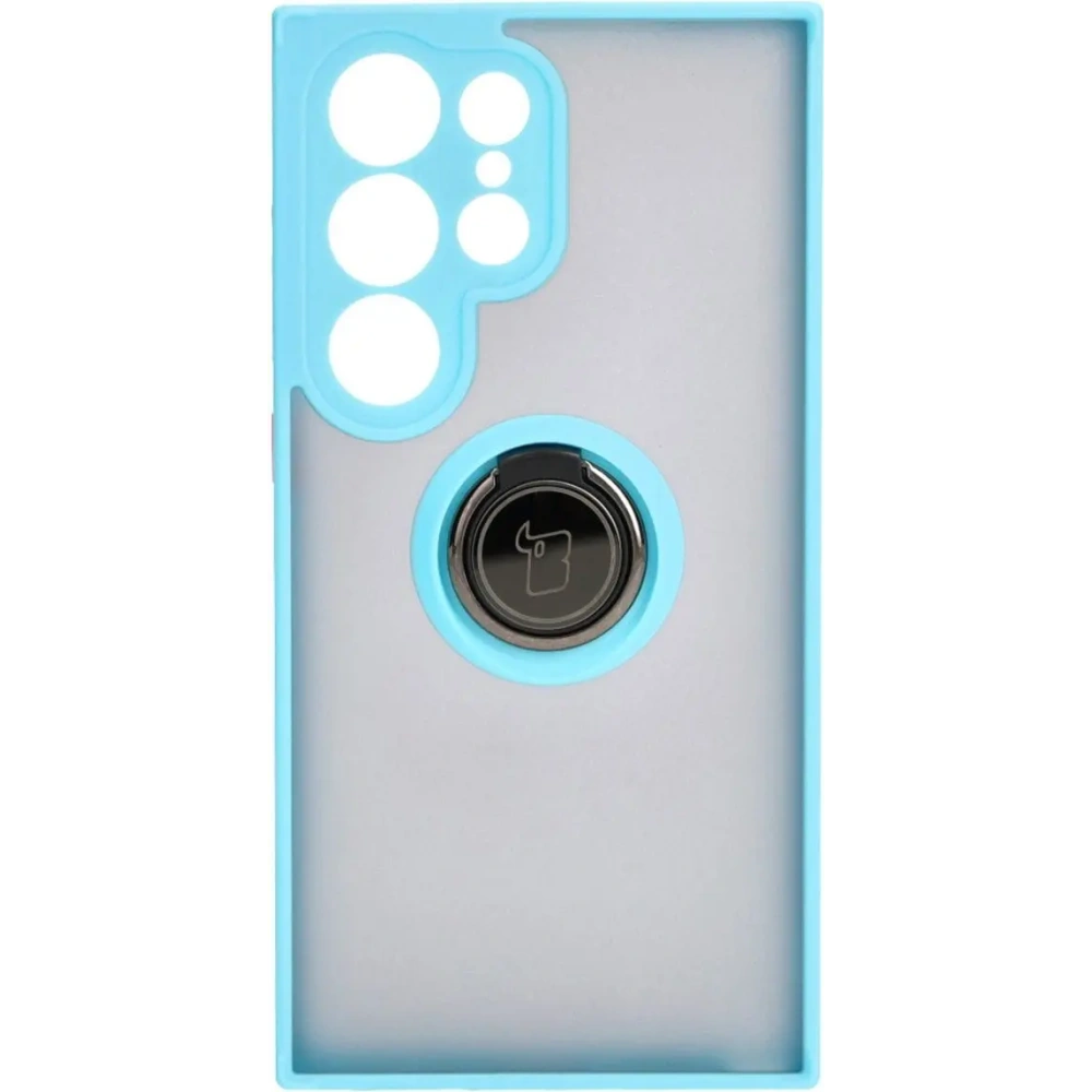 Etui z uchwytem na palec Bizon Case Hybrid Ring do Samsung Galaxy S24 Ultra przydymione z jasnoniebieską ramką