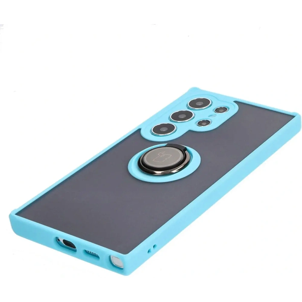 Etui z uchwytem na palec Bizon Case Hybrid Ring do Samsung Galaxy S24 Ultra przydymione z jasnoniebieską ramką