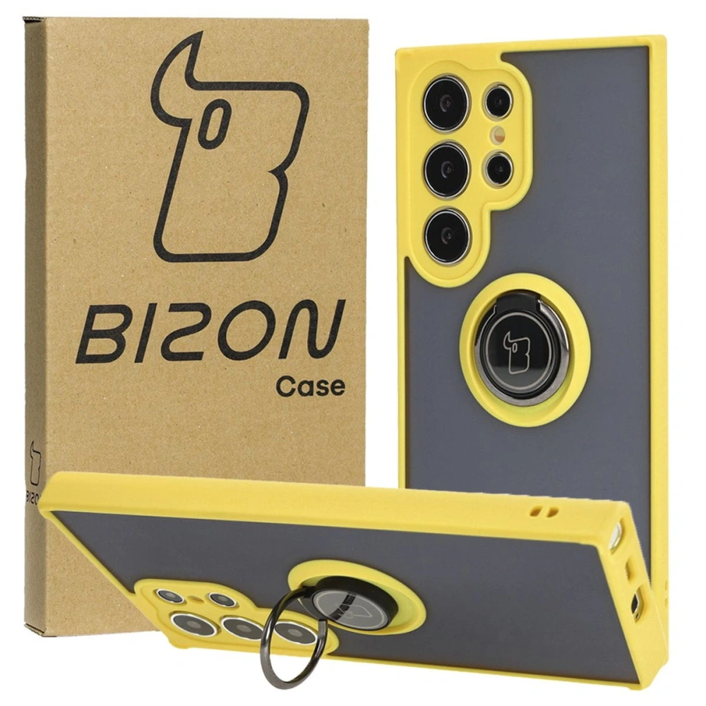 Etui z uchwytem na palec Bizon Case Hybrid Ring do Samsung Galaxy S24 Ultra przydymione z żółtą ramką