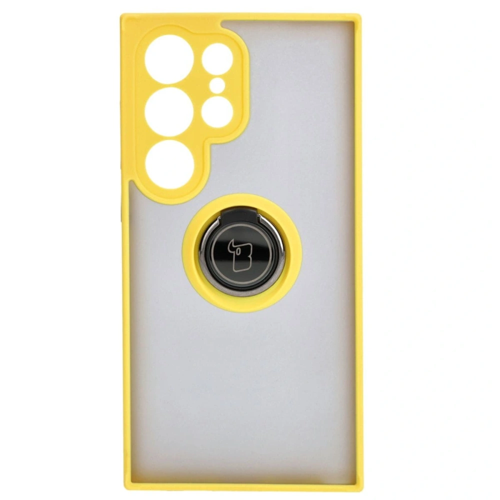 Etui z uchwytem na palec Bizon Case Hybrid Ring do Samsung Galaxy S24 Ultra przydymione z żółtą ramką