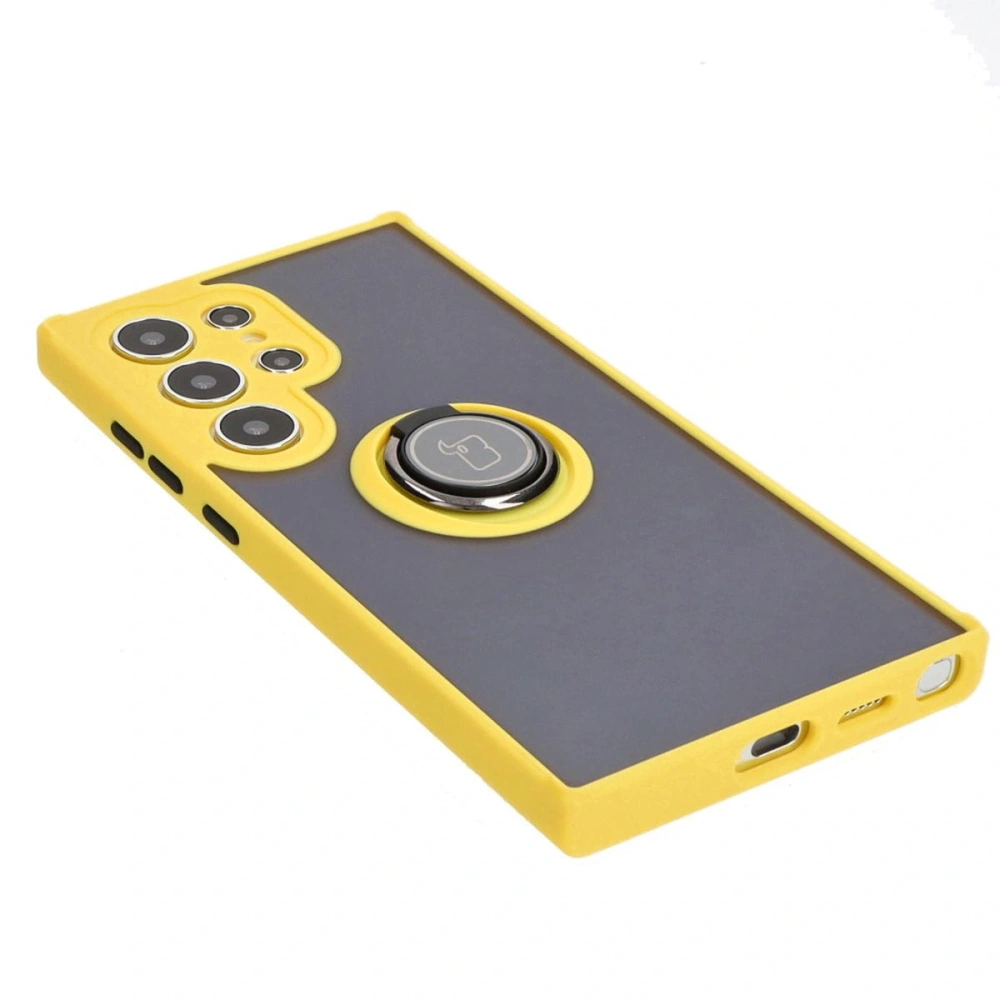Etui z uchwytem na palec Bizon Case Hybrid Ring do Samsung Galaxy S24 Ultra przydymione z żółtą ramką