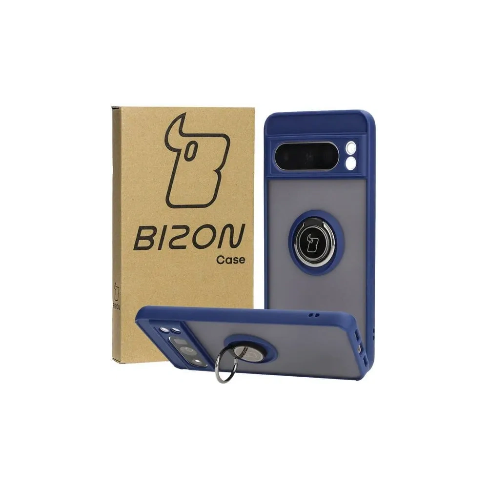 Etui z uchwytem na palec Bizon Case Hybrid Ring do Google Pixel 8 Pro przydymione z granatową ramką