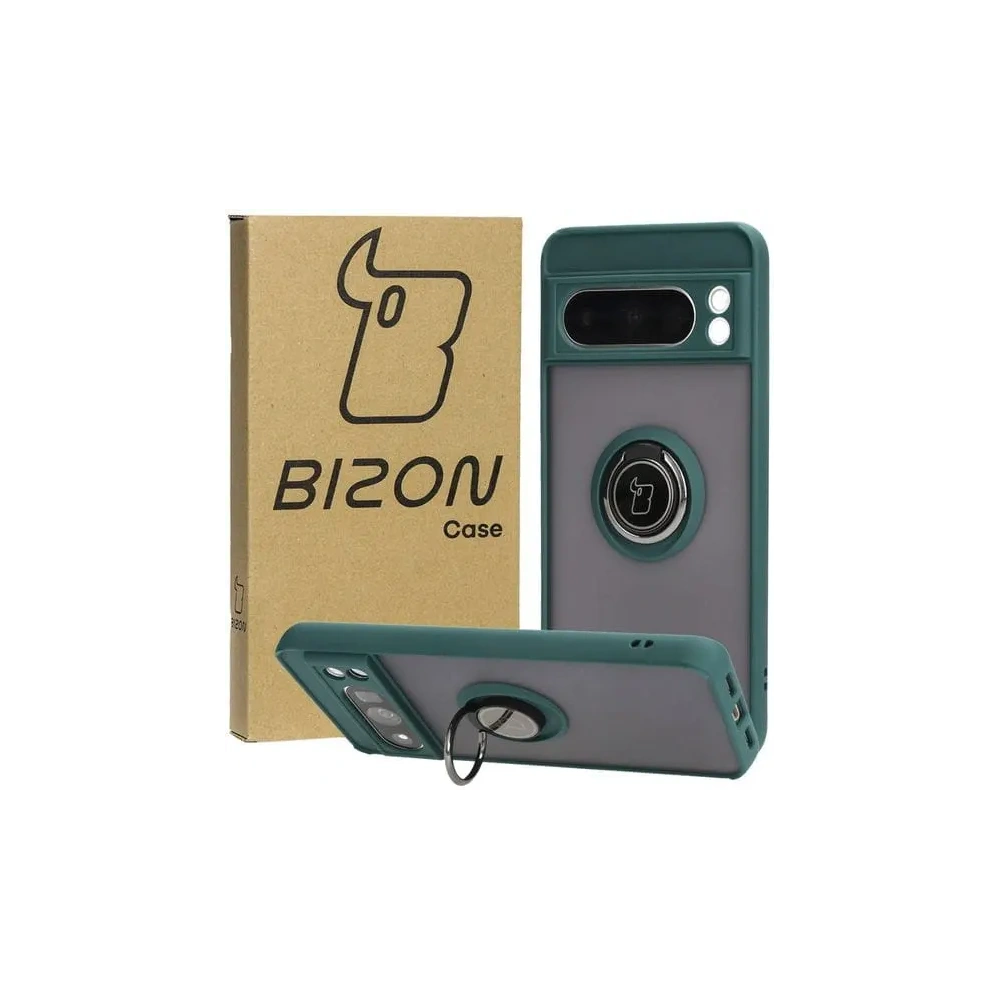 Etui z uchwytem na palec Bizon Case Hybrid Ring do Google Pixel 8 Pro przydymione z ciemnozieloną ramką