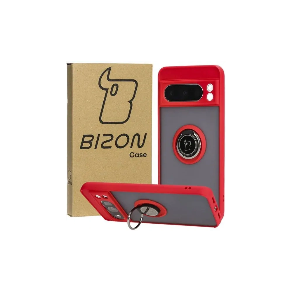 Etui z uchwytem na palec Bizon Case Hybrid Ring do Google Pixel 8 Pro przydymione z czerwoną ramką