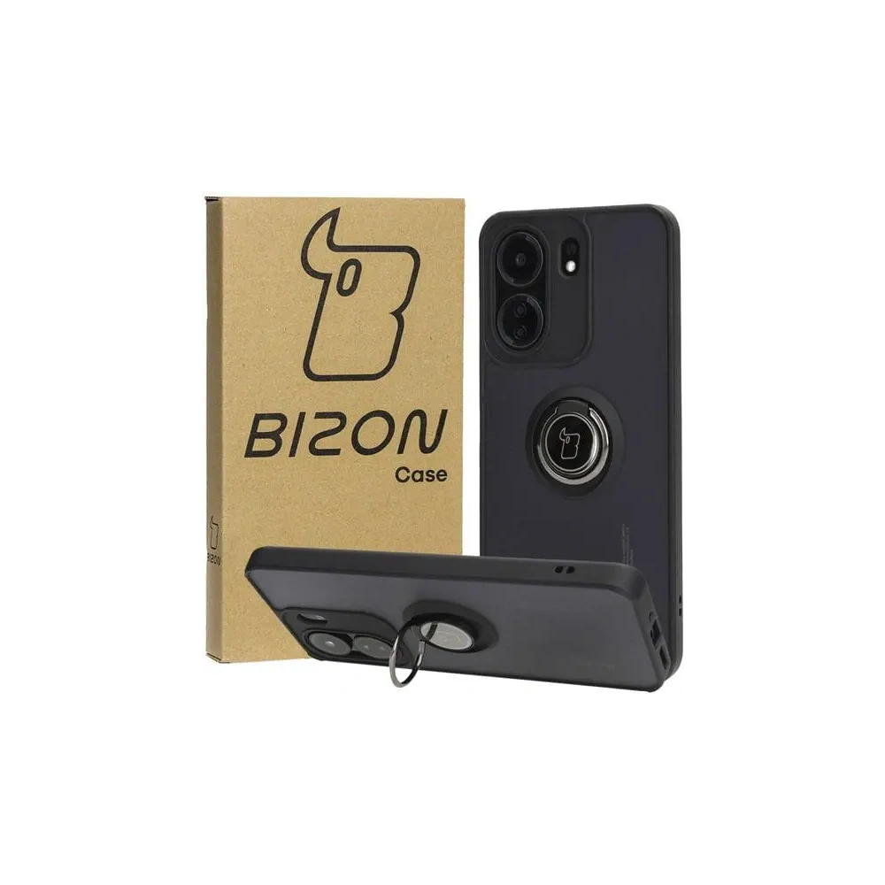 Etui z uchwytem na palec Bizon Case Hybrid Ring do Xiaomi Redmi 13C / Xiaomi Poco C65 przydymione z czarną ramką
