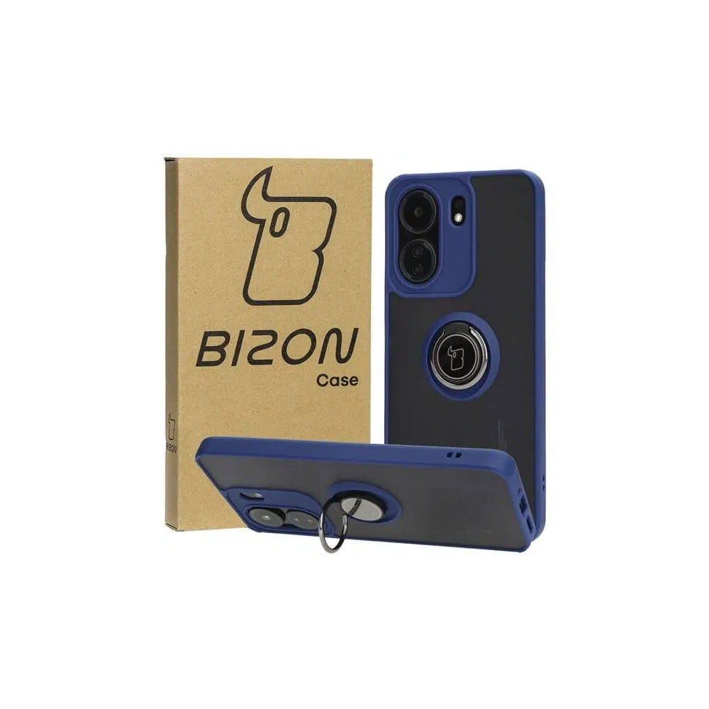 Etui z uchwytem na palec Bizon Case Hybrid Ring do Xiaomi Redmi 13C / Xiaomi Poco C65 przydymione z granatową ramką