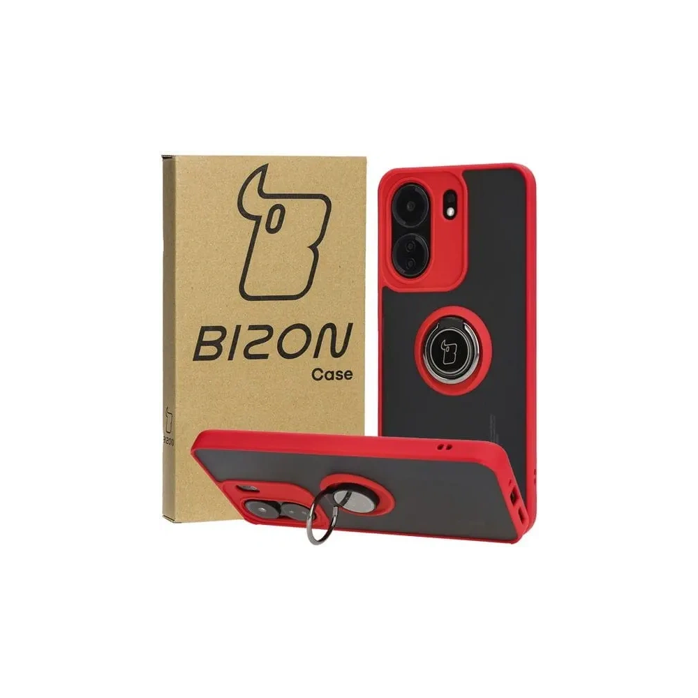 Etui z uchwytem na palec Bizon Case Hybrid Ring do Xiaomi Redmi 13C / Xiaomi Poco C65 przydymione z czerwoną ramką