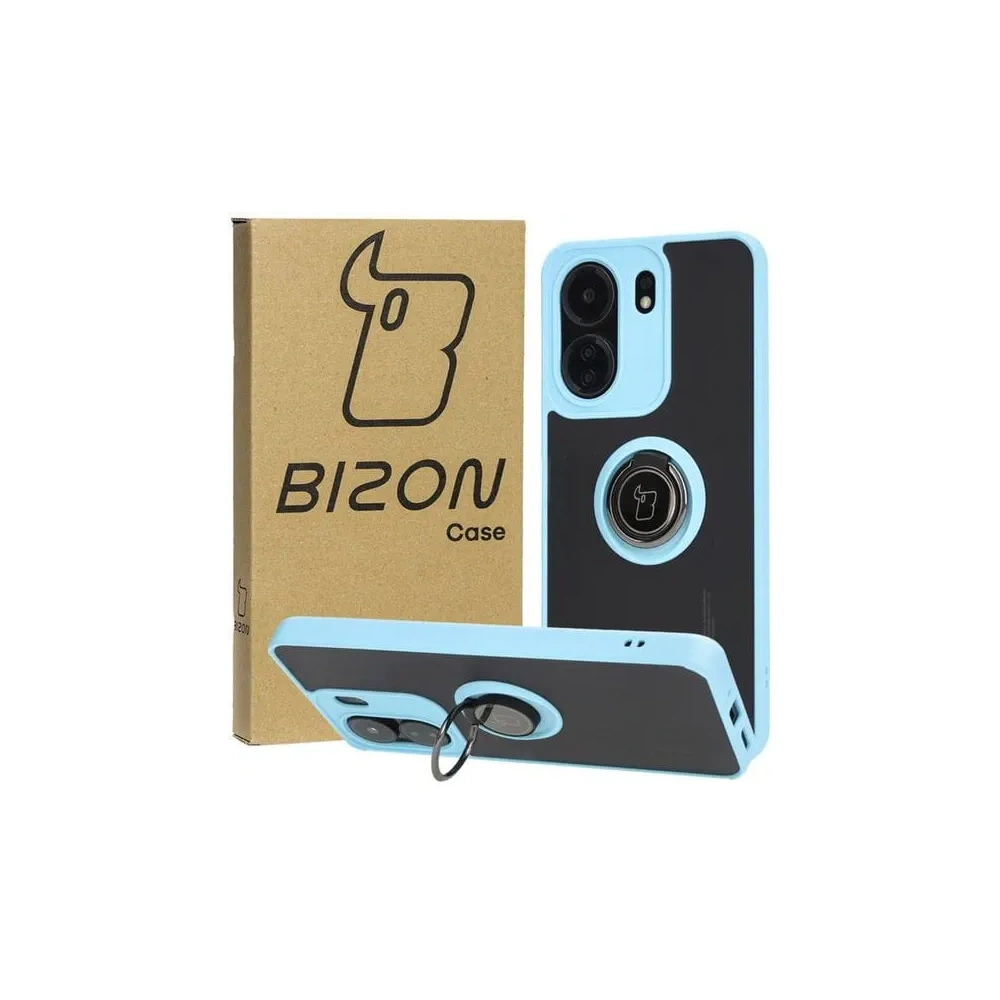 Etui z uchwytem na palec Bizon Case Hybrid Ring do Xiaomi Redmi 13C / Xiaomi Poco C65 przydymione z jasnoniebieską ramką