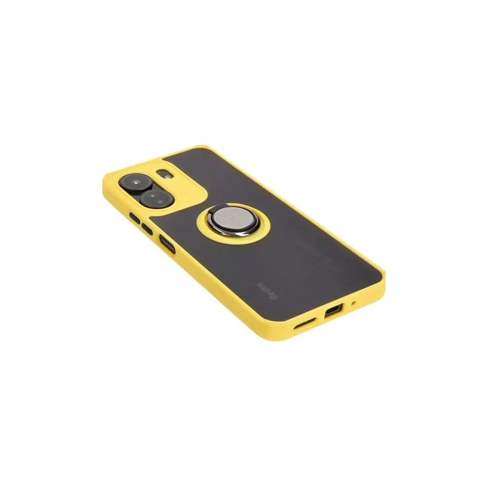 Etui z uchwytem na palec Bizon Case Hybrid Ring do Xiaomi Redmi 13C / Xiaomi Poco C65 przydymione z żółtą ramką
