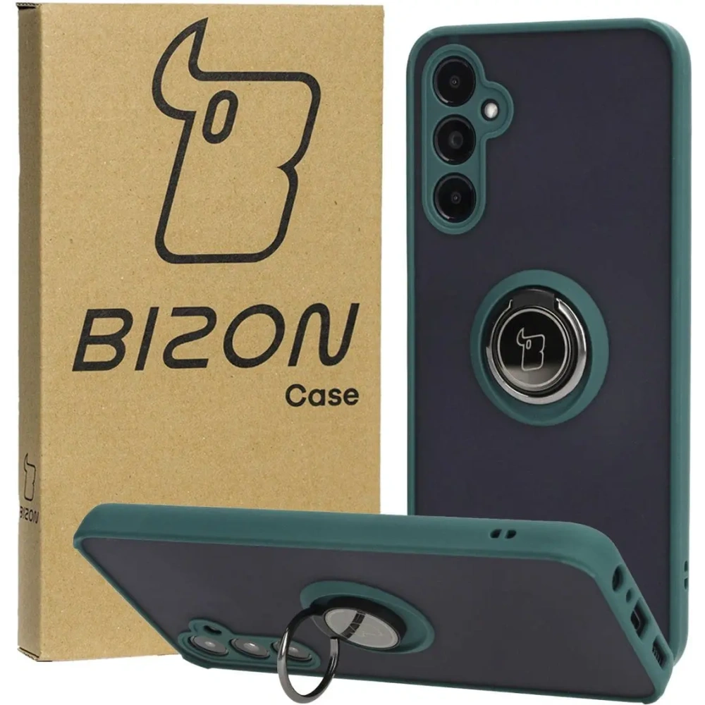 Etui z uchwytem na palec Bizon Case Hybrid Ring do Samsung Galaxy A05s przydymione z ciemnozieloną ramką