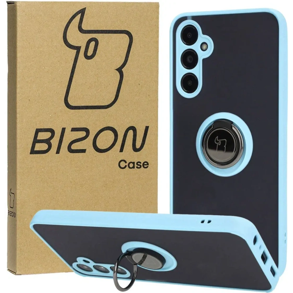 Etui z uchwytem na palec Bizon Case Hybrid Ring do Samsung Galaxy A05s przydymione z jasnoniebieską ramką