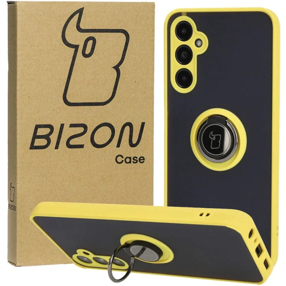 Etui z uchwytem na palec Bizon Case Hybrid Ring do Samsung Galaxy A05s przydymione z żółtą ramką