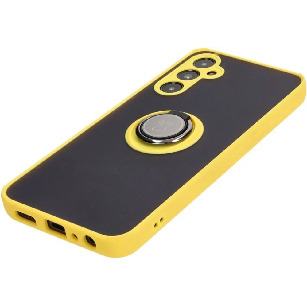Etui z uchwytem na palec Bizon Case Hybrid Ring do Samsung Galaxy A05s przydymione z żółtą ramką