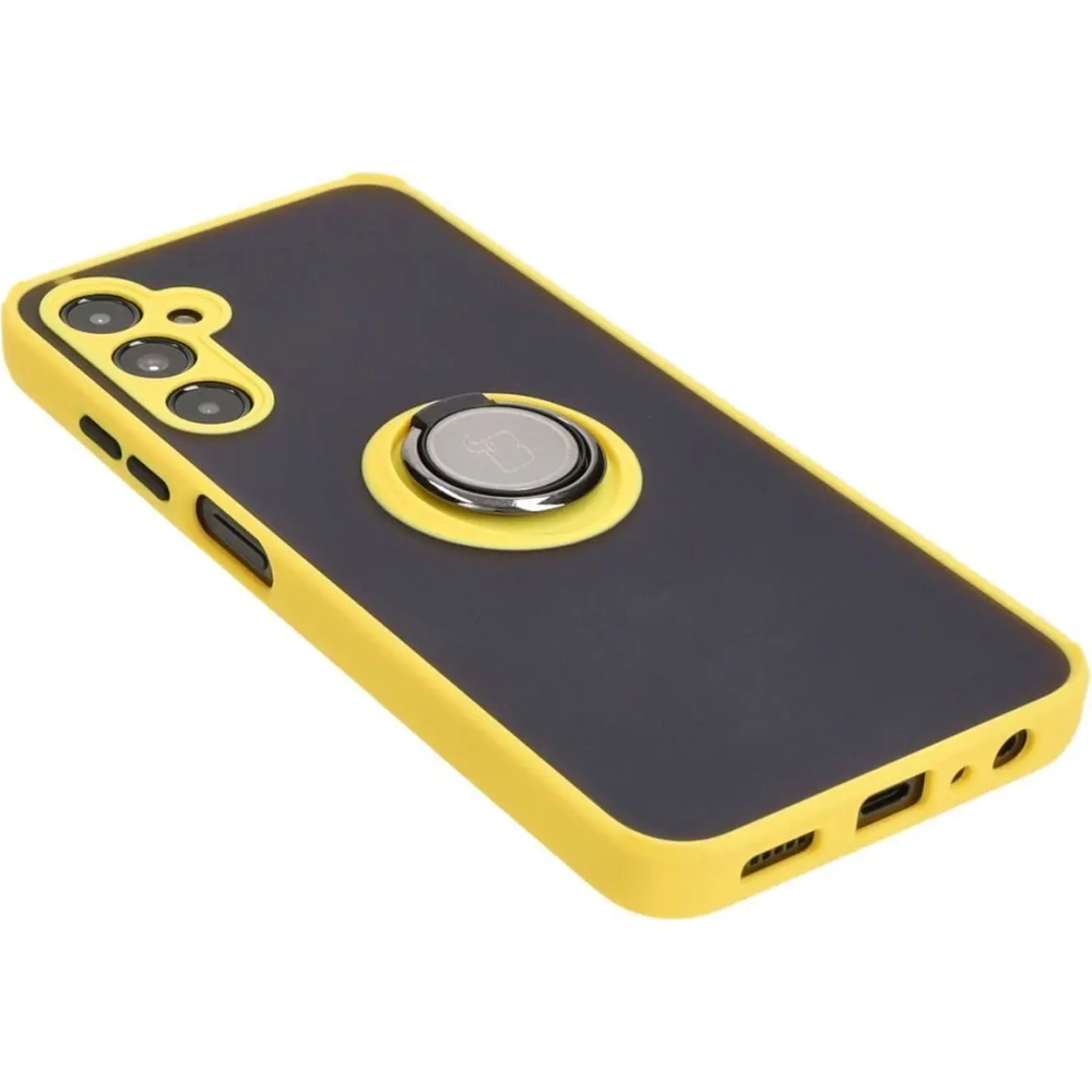 Etui z uchwytem na palec Bizon Case Hybrid Ring do Samsung Galaxy A05s przydymione z żółtą ramką