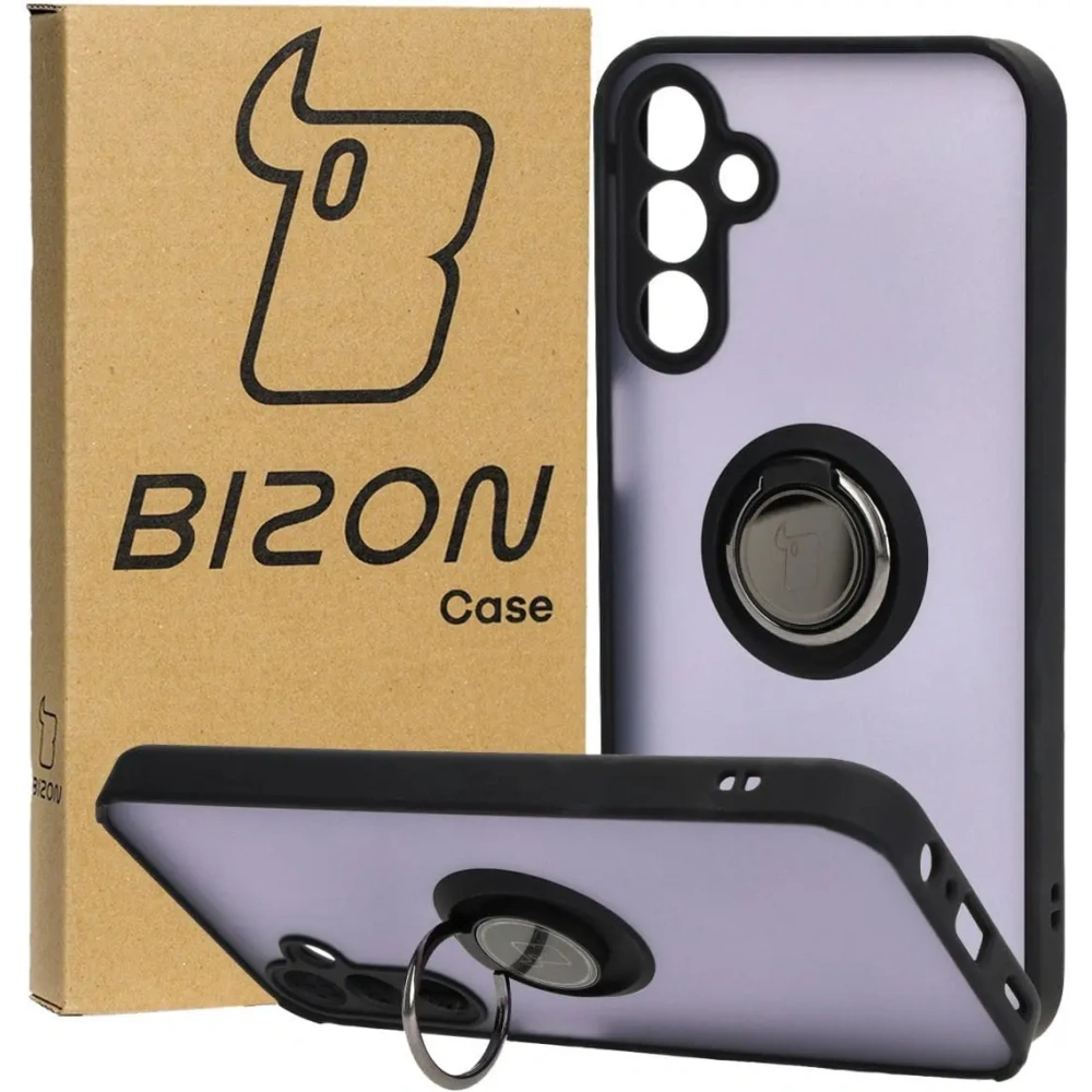 Etui z uchwytem na palec Bizon Case Hybrid Ring do Samsung Galaxy A15 5G/4G przydymione z czarną ramką