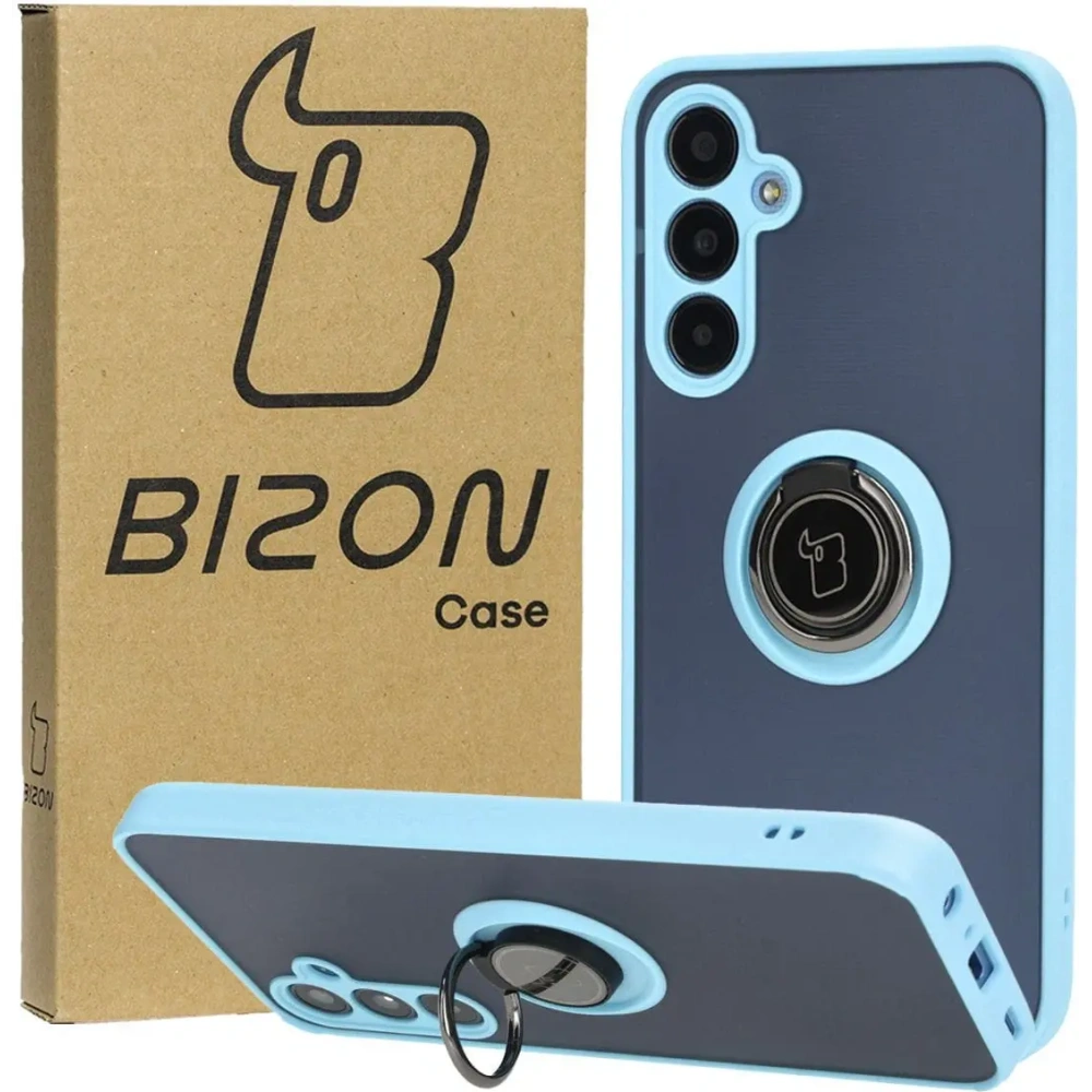 Etui z uchwytem na palec Bizon Case Hybrid Ring do Samsung Galaxy A25 5G przydymione z jasnoniebieską ramką